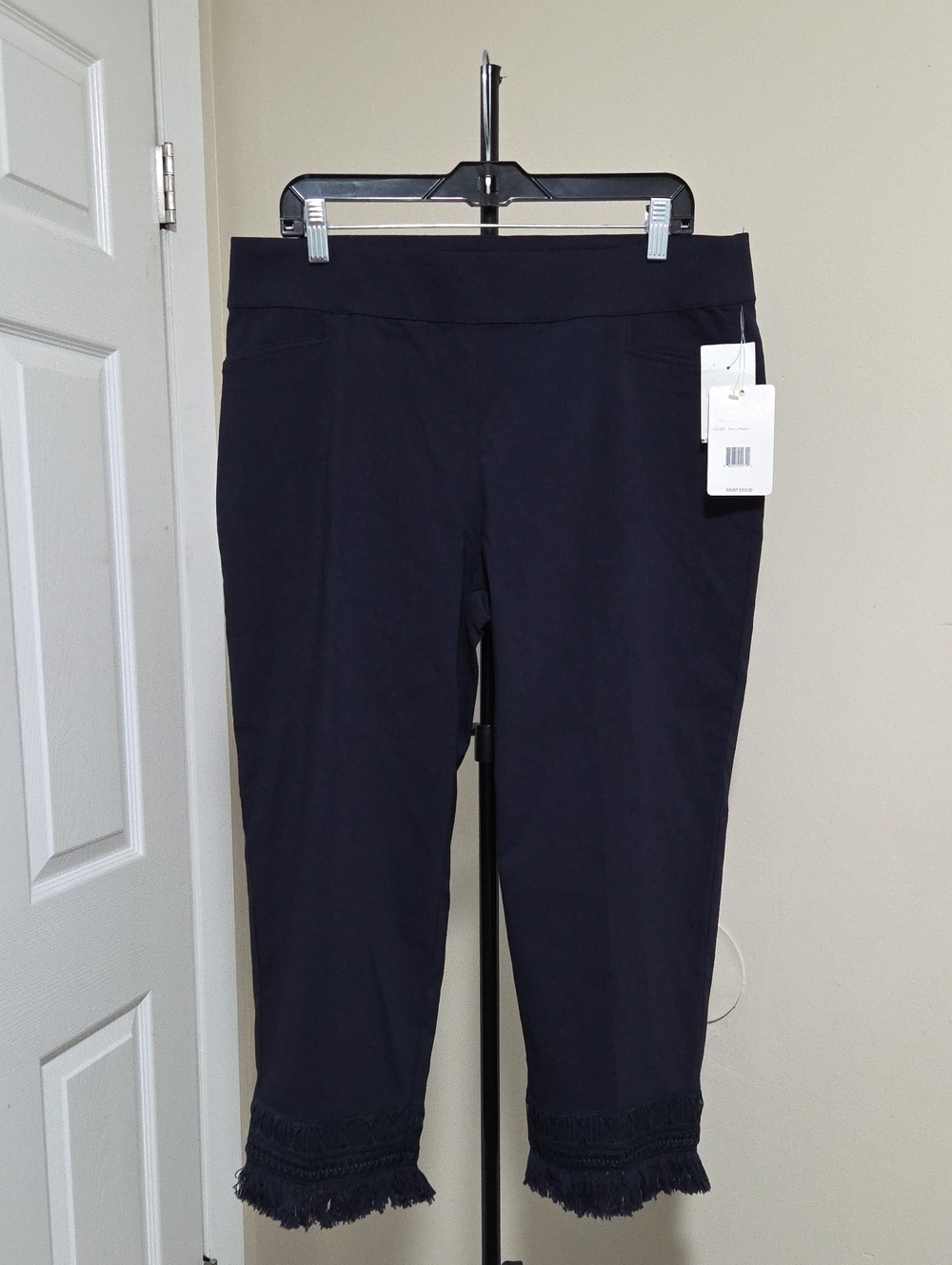 Zac & Rachel Navy Cropped Fringe Hem Pull-On Pants